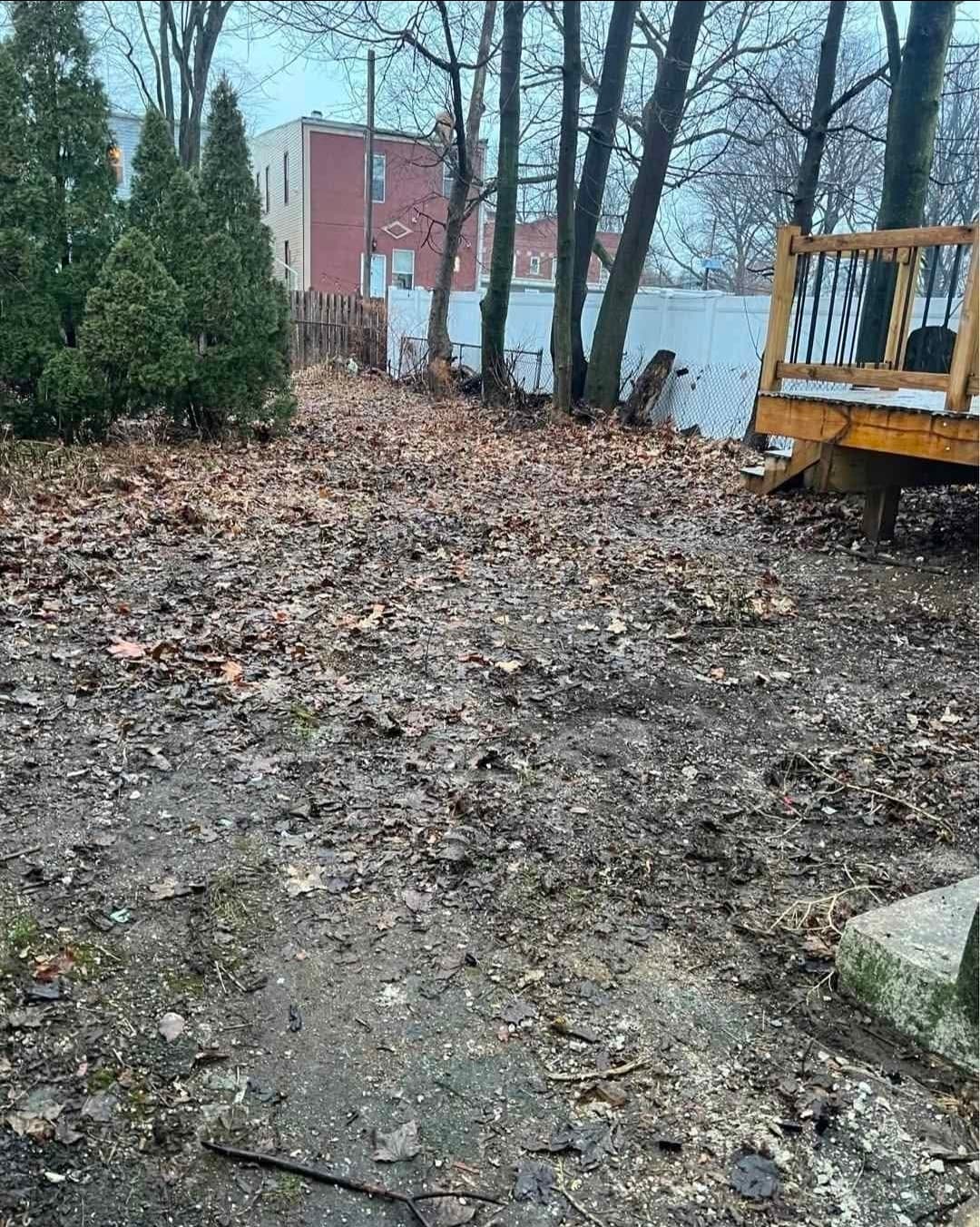 Muddy backyard lot with wet leaves and debris needing cleanup and land grading